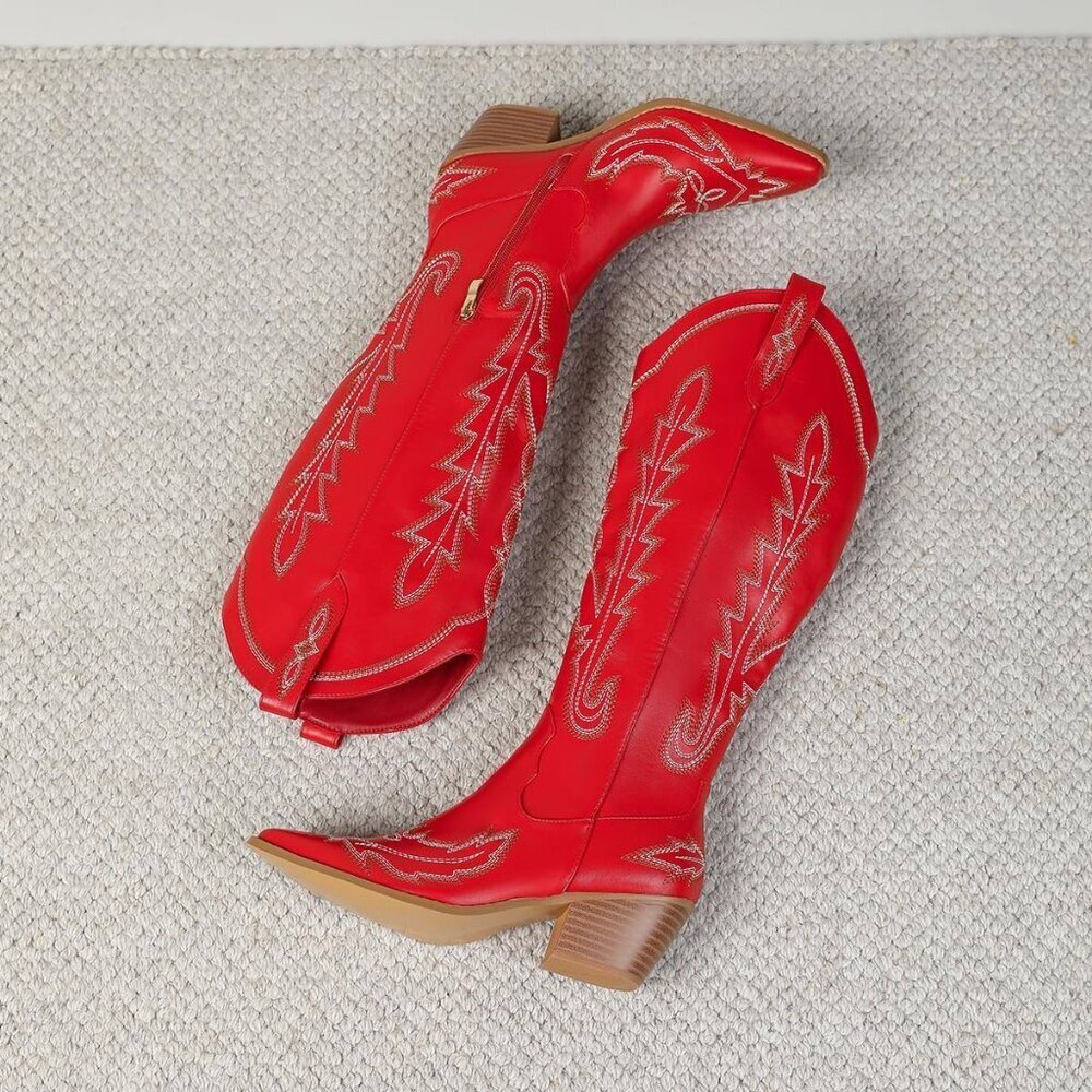 Women's Red Cowboy Boots Pointed Toe Cowgirl Knee High Boot With Zipper - Picture 3 of 6